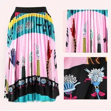 New Fashion Print Pleated Skirt Summer Casual Skirt Street Mid-Calf High Elastic High Quality Pink Color Womens Skirt Hot Sale