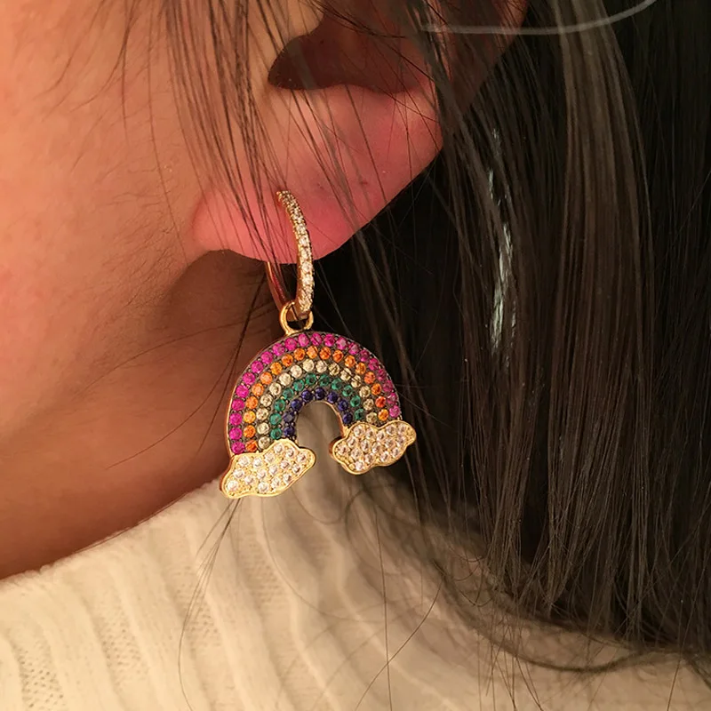 

New Design Popular Rainbow Asymmetry Drop Earrings Cubic Zirconia Cute Sweet Women Wedding Earring Fashion Jewelry Lover Gift