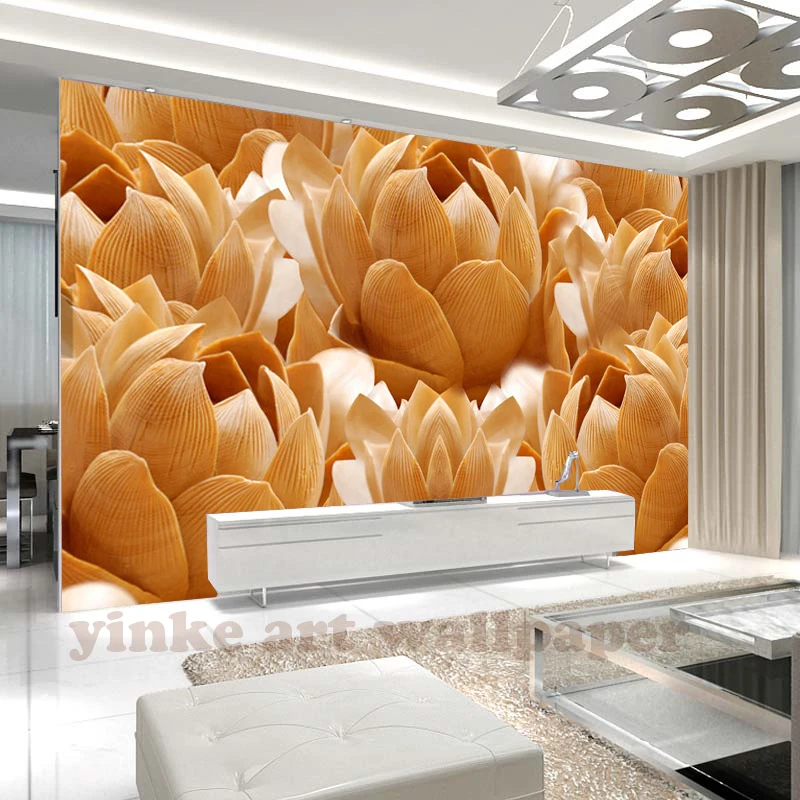 3D Foto Wallpaper Kayu Ukiran Bunga Teratai Besar Dinding ...