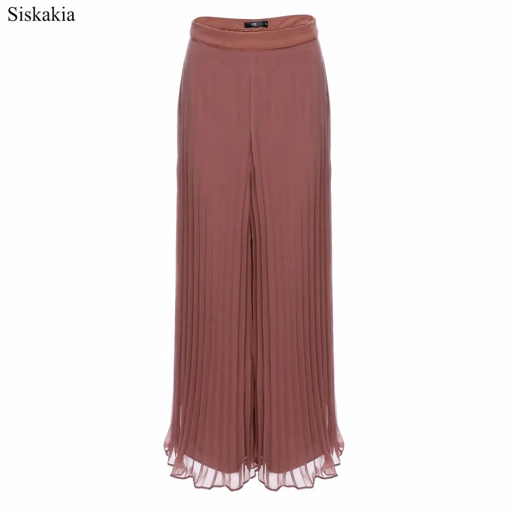 Siskakia Solid Chiffon Wide Leg Pants For Women Muslim Turkish Dubai High Waist Draped Loose Elastic Pants Ruffle 2019 New Eid  (2)