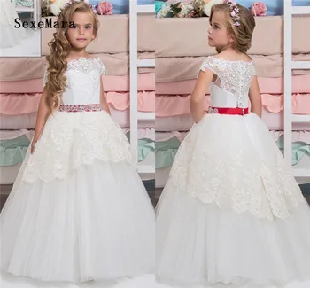 

Elegant Ivory White Flower Girls Dress Long Girl Party Dress Puffy Tulle Lace Tiered Princess Birthday Clothing Christmas Gown