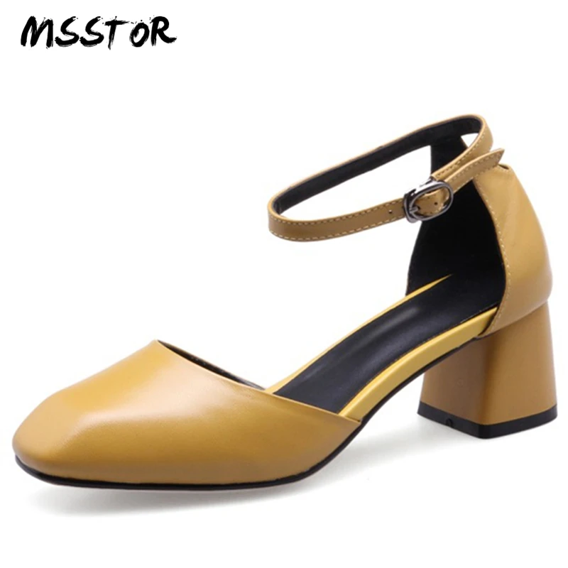 

MSSTOR Yellow Square Toe Sandals Women Plus Size Fashion Concise High Heels Sandals Women Peep Toe Genuine Leather Summer Shoes