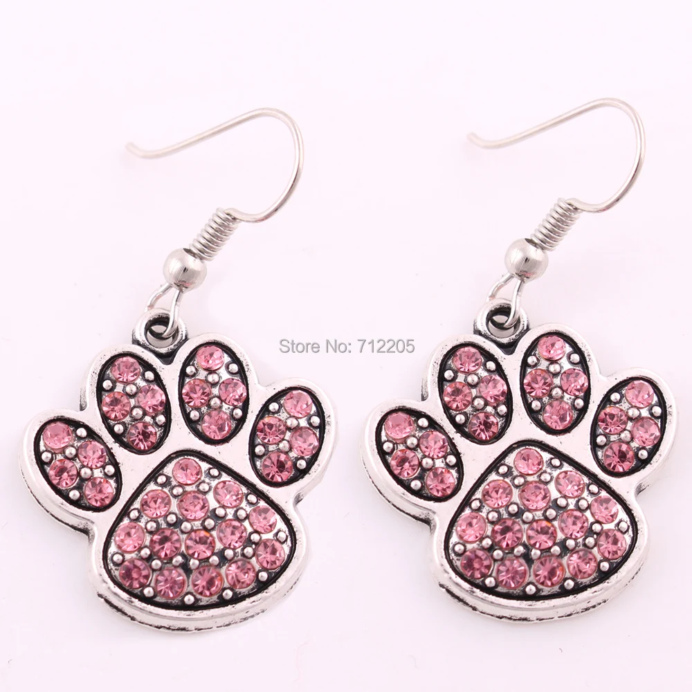 

23mm*24mm 5pair a lot Antique silver plated zinc studded with sparkling crystals Paw Print pendant Drop Earrings