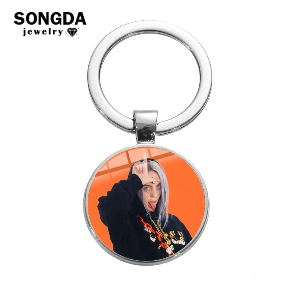 

SONGDA 2019 Hip Hop Singer Billie Eilish Keychain Trendy Harajuku Art Poster Glass Cabochon Key Ring Bag Car Key Chain Fans Gift