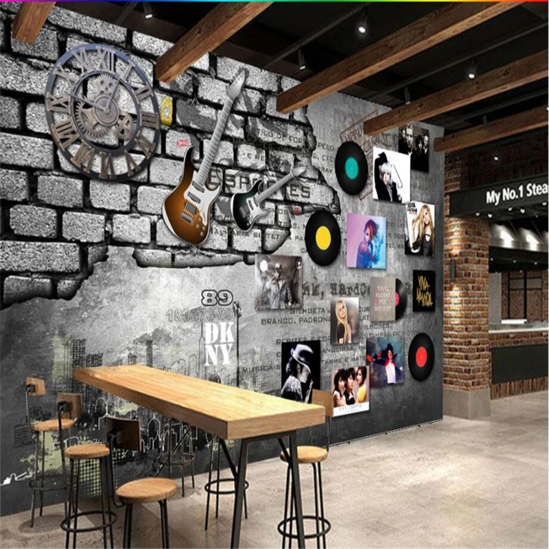 

beibehang Custom 3d wall paper European retro rock music record brick wall clock bar background wall painting decoration