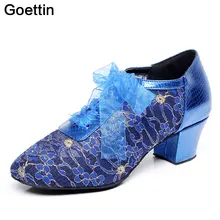 Обувь для латинских танцев Goettin Tango с квадратным каблуком для занятий танцами; женская обувь из коровьей кожи с плюшевой подошвой; сандалии с бантом и сеткой