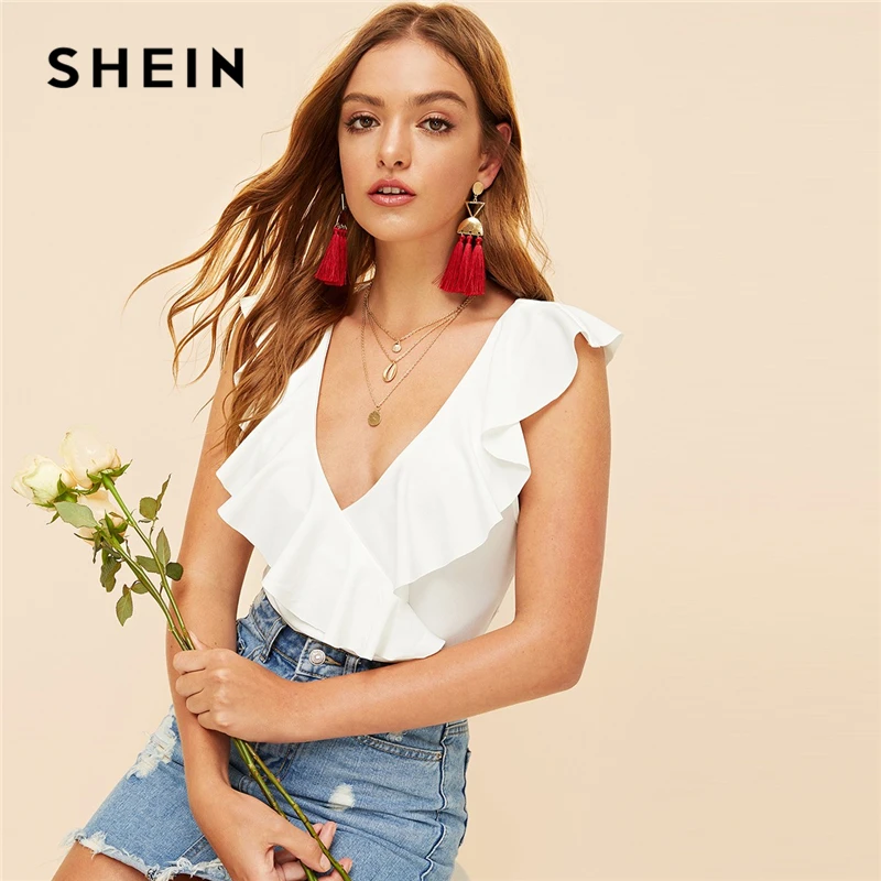 SHEIN сексуальное белое боди с оборками обшитое перекрещивающимися бретелями