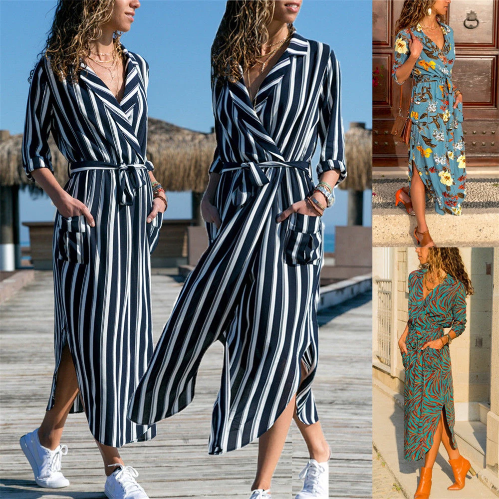 

Hirigin Women Summer Dress Wrap Split Floral Striped V Neck High Waist Long Sleeve Casual Bandage Beach Sundress Dress