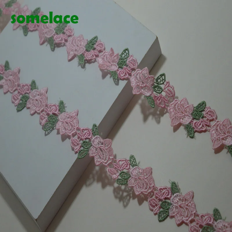 

5Yds/lot 3.5cm Pink Floral Green Leaf Wavy High quality Venise Lace Venice Trim For Garments And Wedding