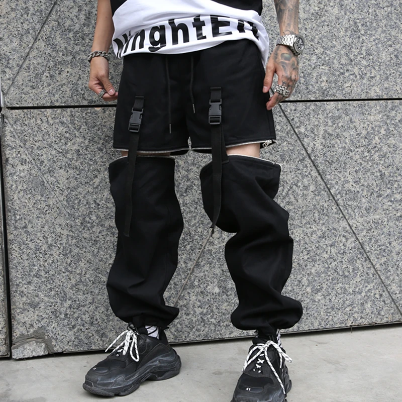 

New Detachable Leg Black Hip Hop Summer Harem Pants Men Zippers Ribbons Streetwear Men's Jogger Trousers Straight Pencil Pants
