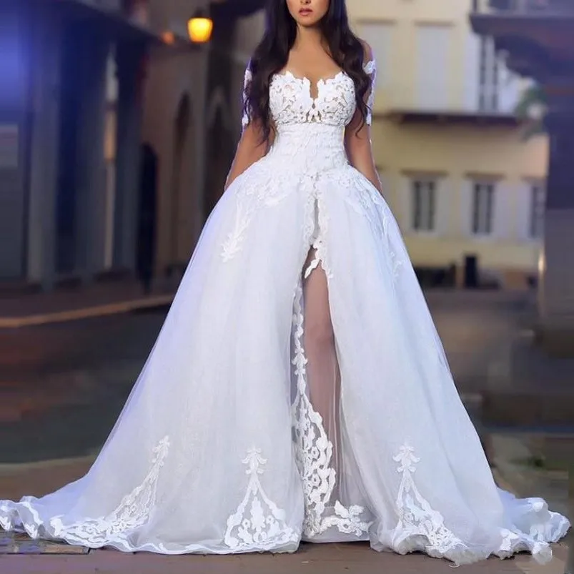 

Boho Vestido De Noiva 2019 Muslim Wedding Dresses Ball Gown Long Sleeves Tulle Lace Slit Dubai Arabic Wedding Gown Bridal
