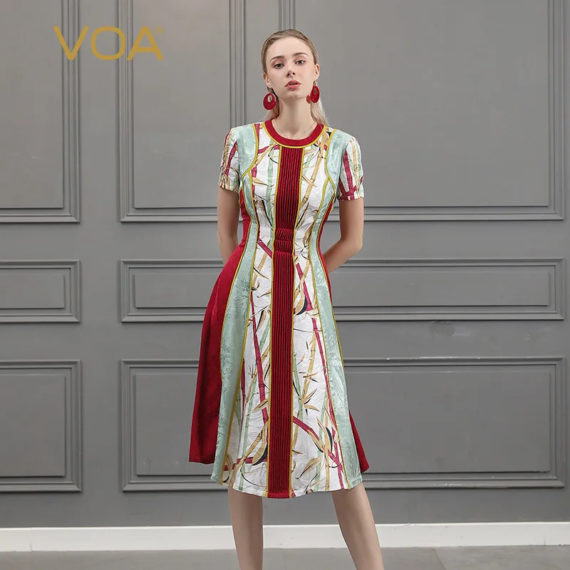 

VOA Silk Runway Midi Dress Designers Women Short Sleeve Slim Summer Party Dresses Ladies Beach Christmas Clothes vestidos A918