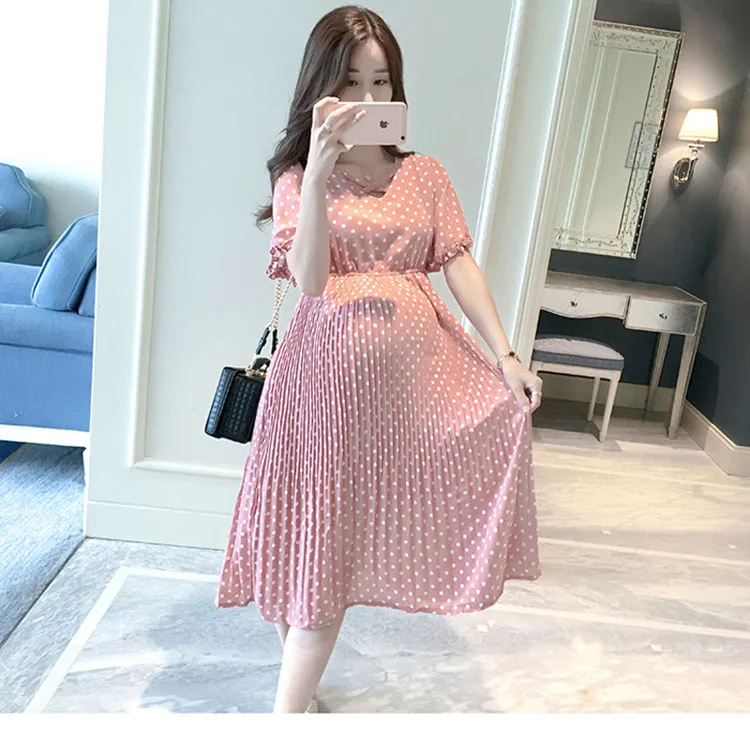 BONJEAN для беременных женщин миди Плиссированное шифоновое платье розовый горошек летняя одежда для беременных свободного размера плюс платья для беременных
