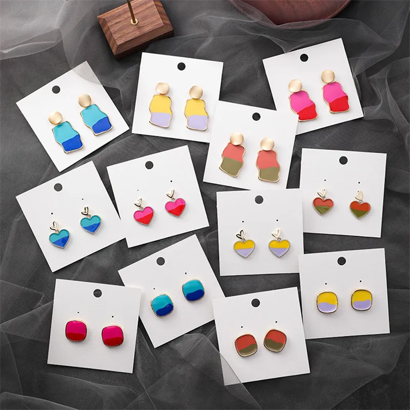 

Summer New Heart Irregular Round Square Enamel Stud Earrings for Women Fresh Color stitching Drop Glaze Female Earrings Gifts