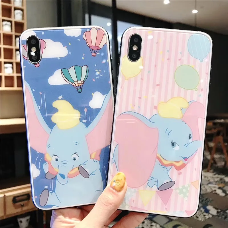 

Cute Dumbo coque brillante glass phone case for Iphone 6 6S 7 8 Plus X XR XS MAX Protection phone back cover TPU fundas capa