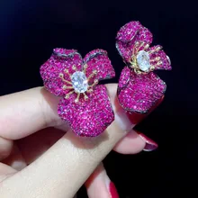 Романтические серьги-гвоздики из стерлингового серебра 925 пробы с кубическим цирконием в виде цветка, Модные женские ювелирные изделия с большим цветком зеленого и синего цветов