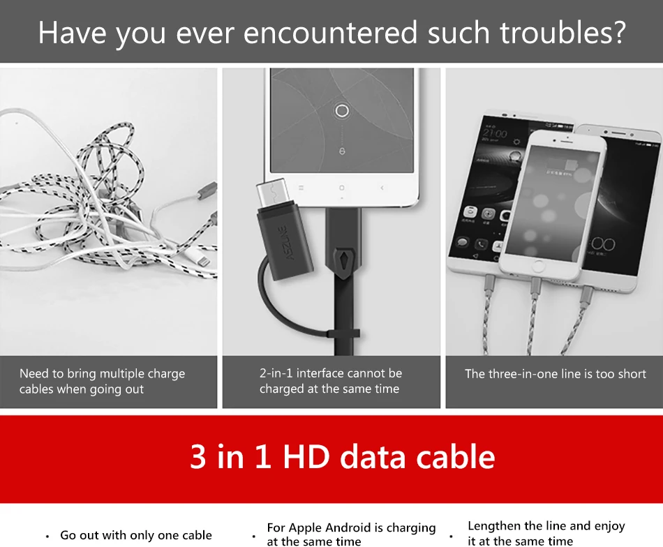NOHON USB Phone Cables For iPhone 6 5s 7 8 Plus X XS Charging Type-C Micro USB For Samsung S8 S9 Note 8 3 in 1 Charging Cable (3)