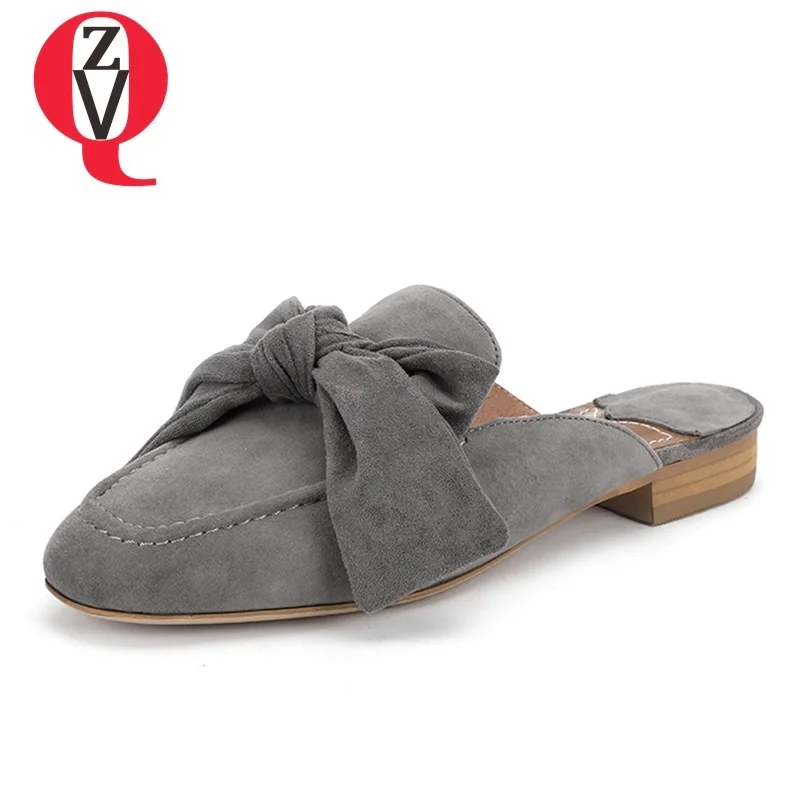 

ZVQ women shoes 2019 summer newest round toe kid suede women flats outdoor bowtie low square heel black grey plus size shoes