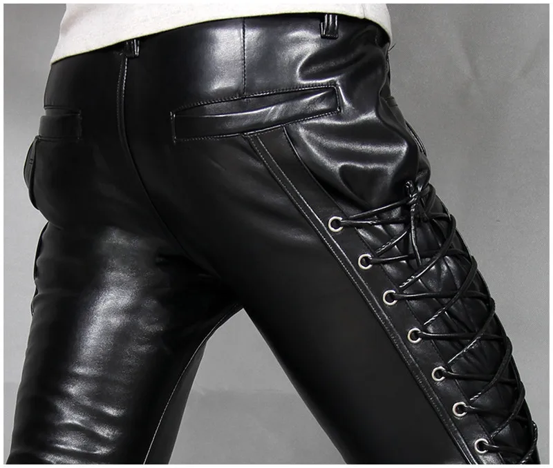 Mcikkny Men's Skinny Biker Leather Pants Fashion Faux Leather Motorcycle Trousers For Male Stage Club Wear  (11)