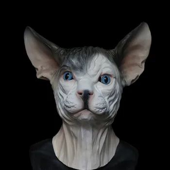 

Hot Selling Halloween Cosplay Animal Head Mask 100% Natural Latex Adult Latex Hairless Realistic Cat mask Rubber Sphynx Mask