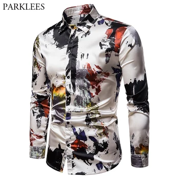 

Splash Ink Print Silk Satin Shirt 2019 Fashion New Slim Fit Long Sleeve Dress Shirts Mens Casual Party Social Shirt Male Chemise