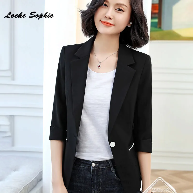 1pcs Women Plus size Blazers coats 2019Summer cotton blend Splicing Middle sleeve Suits jackets ladies Skinny Blazers Suits coat