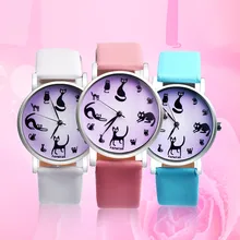 Bonito reloj de cuarzo analógico de piel sintética con diseño de gato para mujer, relojes de mesa de piel Estilo Vintage para mujer