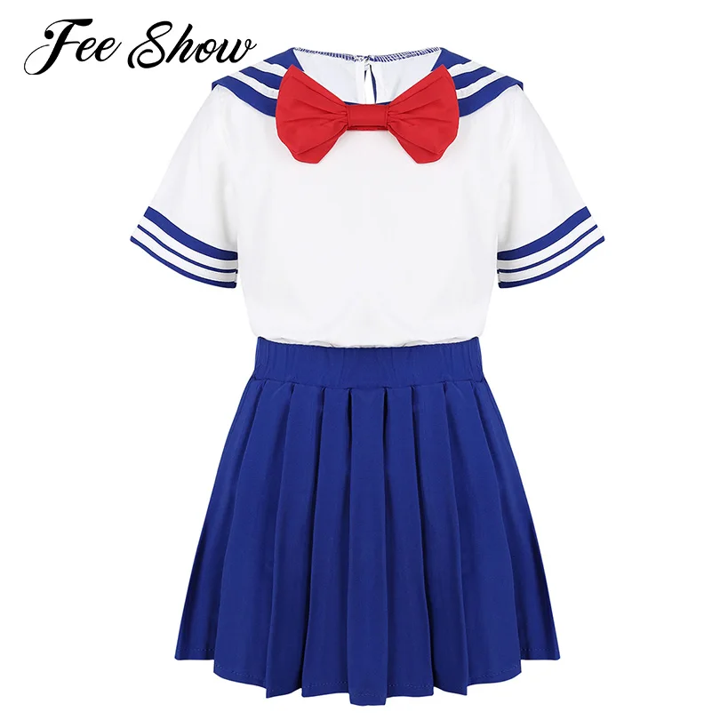 

Kids Girls School Uniform Japanese Anime Cosplay Costume Outfit Children's Sets Sailor Collar Casual T-Shirt with Pleated Skirt