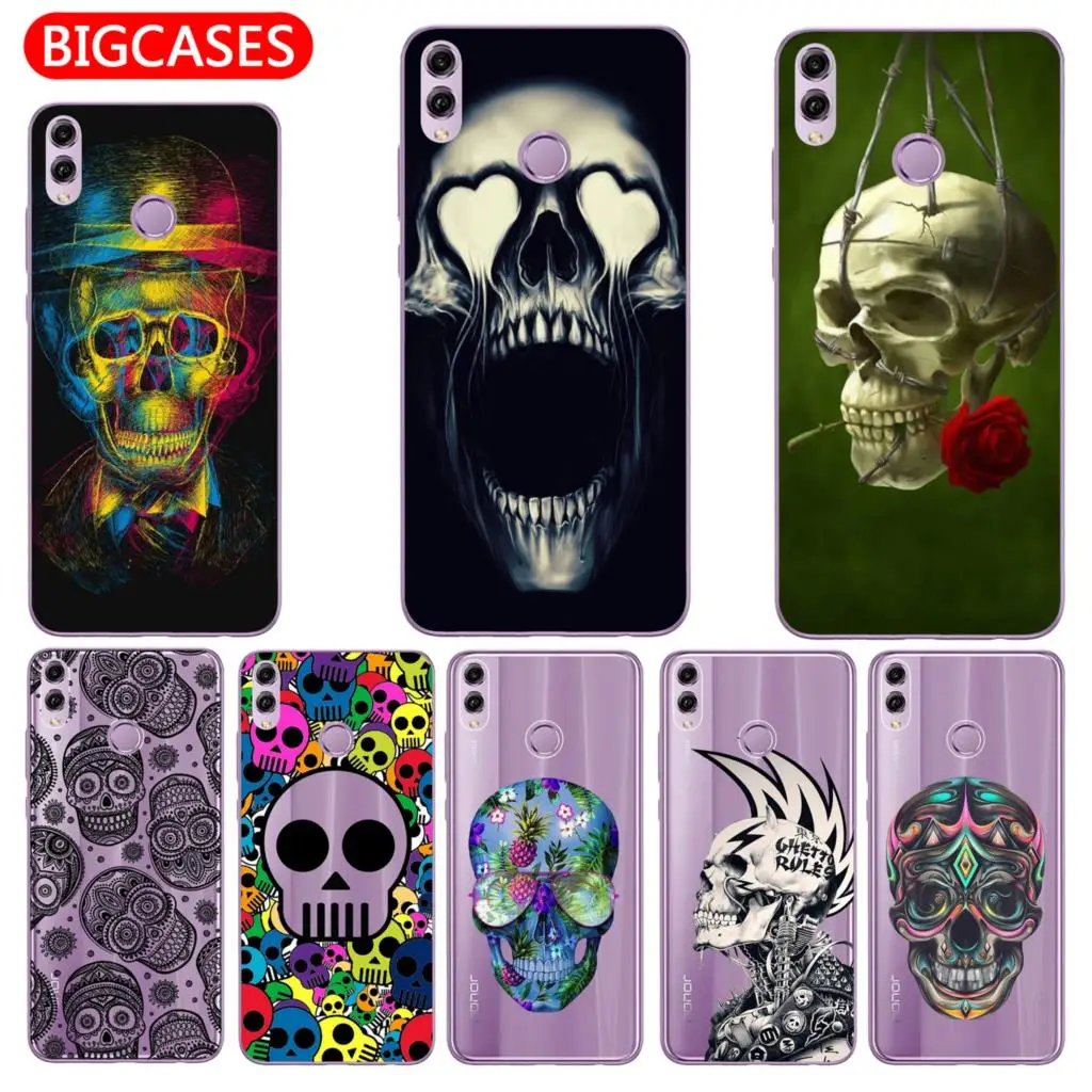 For Huawei Honor 8X Case Cover 6.5&quot Soft TPU Silicone Cool Smoking Glasses Rose Flower Skull Phone Shell Coque |