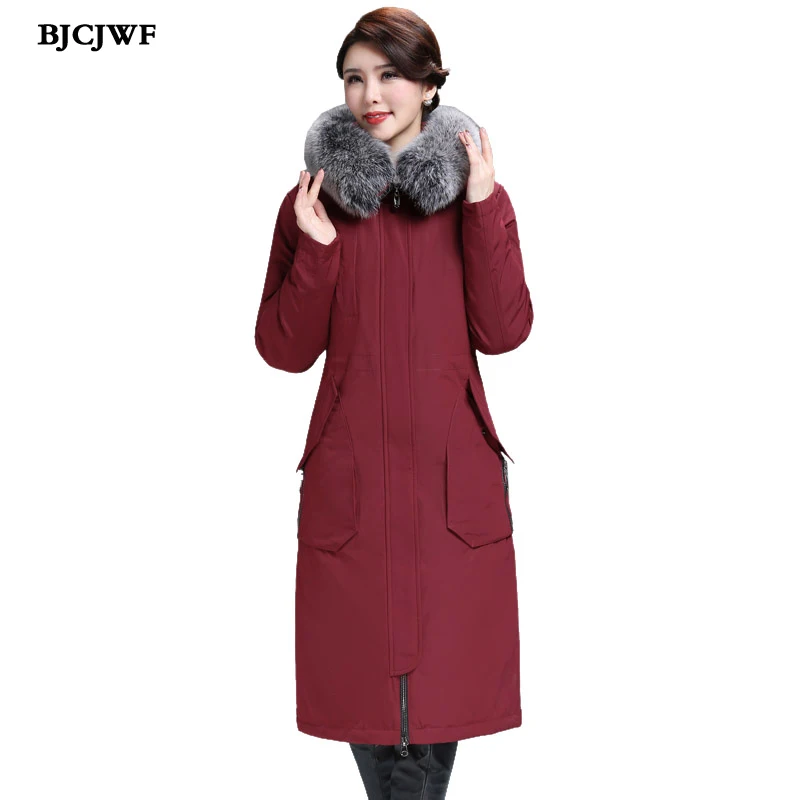 

BJCJWF Winter Warm 90% White Duck Down Jacket Women Long Down Coat Padded Female Luxury Fur Collar Hooded Parkas doudoune femme
