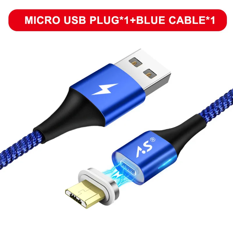 A.S светодиодный магнитный USB кабель для iPhone Micro USB кабель USB C магнит быстрое зарядное устройство нейлоновый кабель для передачи данных для samsung Xiaomi huawei - Цвет: Blue for Micro