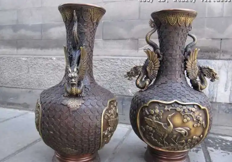 

15 Chinese Royal Pure Copper Bronze Two Dragon & phenix Bottle Pot Vase Pair