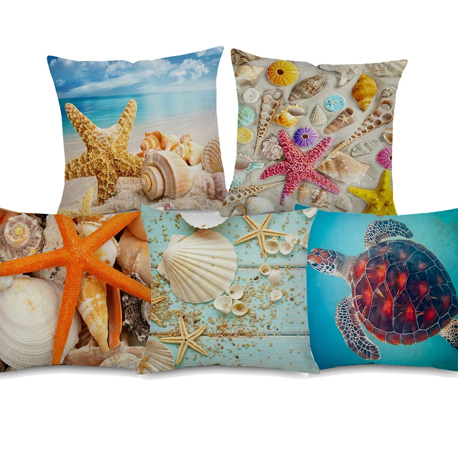

Marine Sea Life Cushion Cover Starfish Shell Turtle Conch Seahorse Sand Beach Cushion Covers Decorative Linen Pillowcase