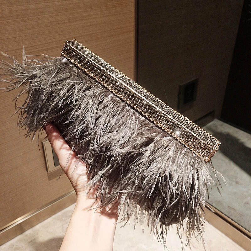 Luxury Real Ostrich Feathers Handbag Evening Bags Women's Pouch Purse Famous Brand dinner party Diamond Clutch bag For Ladies Luxury Real Ostrich Feathers Handbag Evening Bags Women's Pouch Purse Famous Brand dinner party Diamond Clutch bag For Ladies
