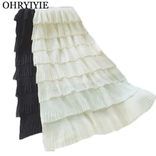 Ohryiyie весна лето многоуровневые шифоновые женские юбки Высокая талия элегантная складчатая юбка женская плиссированная миди юбки Jupe Longue