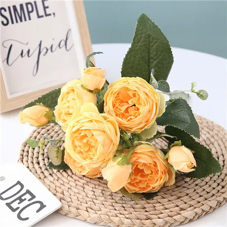 5 головок розы Искусственные цветы украшения для дома реквизит для фотосессии ручной DIY искусственный цветок для свадьбы украшения розы - Цвет: yellow