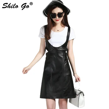

SHILO GO Leather Overalls England Womens Autumn Fashion sheepskin genuine leather Dress V Neck Hollow out waist A Line dress