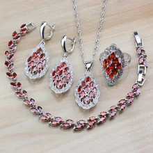 Очень хороший Красный Гранат 925 серебряные ювелирные наборы для женщин Свадебный костюм висячие серьги/ожерелье/браслет и кольцо наборы