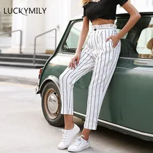 

Luckymily Self Belt Striped Pants Women fashion Clothing High Waist Zipper Fly Trousers 2018 Spring New Casual Carrot Pants