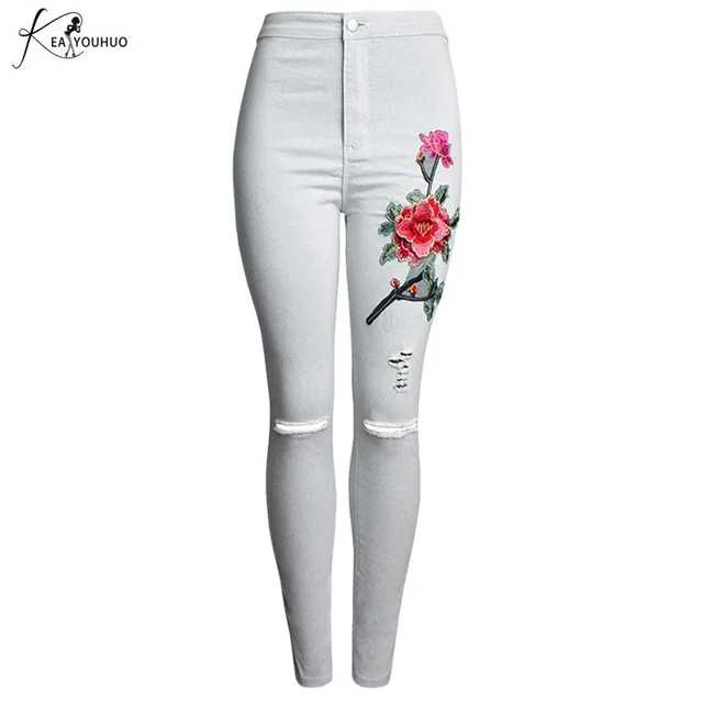 2018 Ladies Rose Embroidery Ripped Jeans For Women High Waist Mom Jeans ...