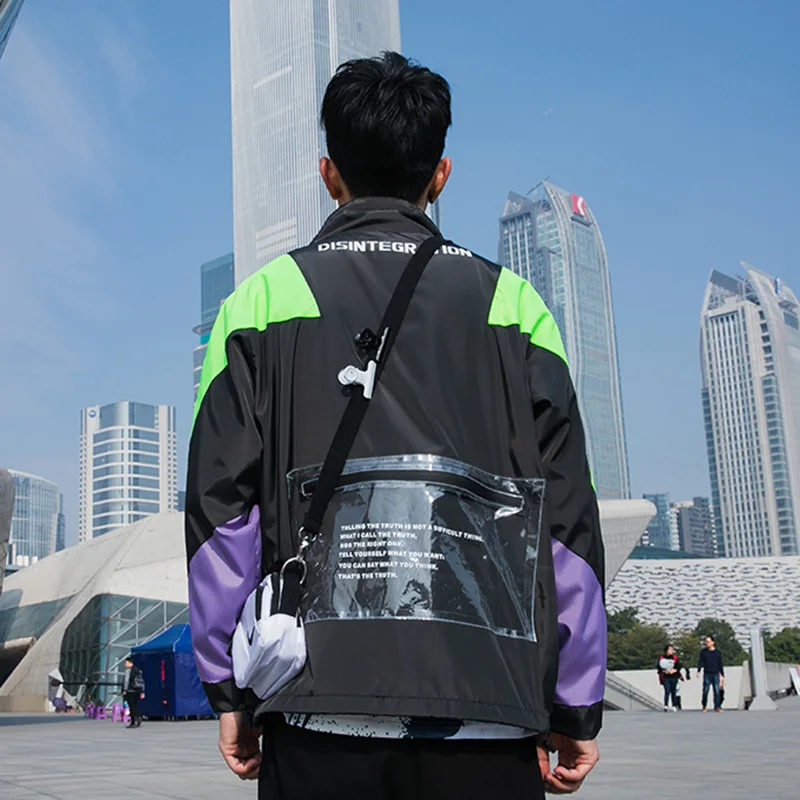 Harajuku Jacket Men Hip Hop Streetwear Retro Jacket Windbreaker Pocket Spring 2019 Vintage Color Block Track Jacket Coat Zipper