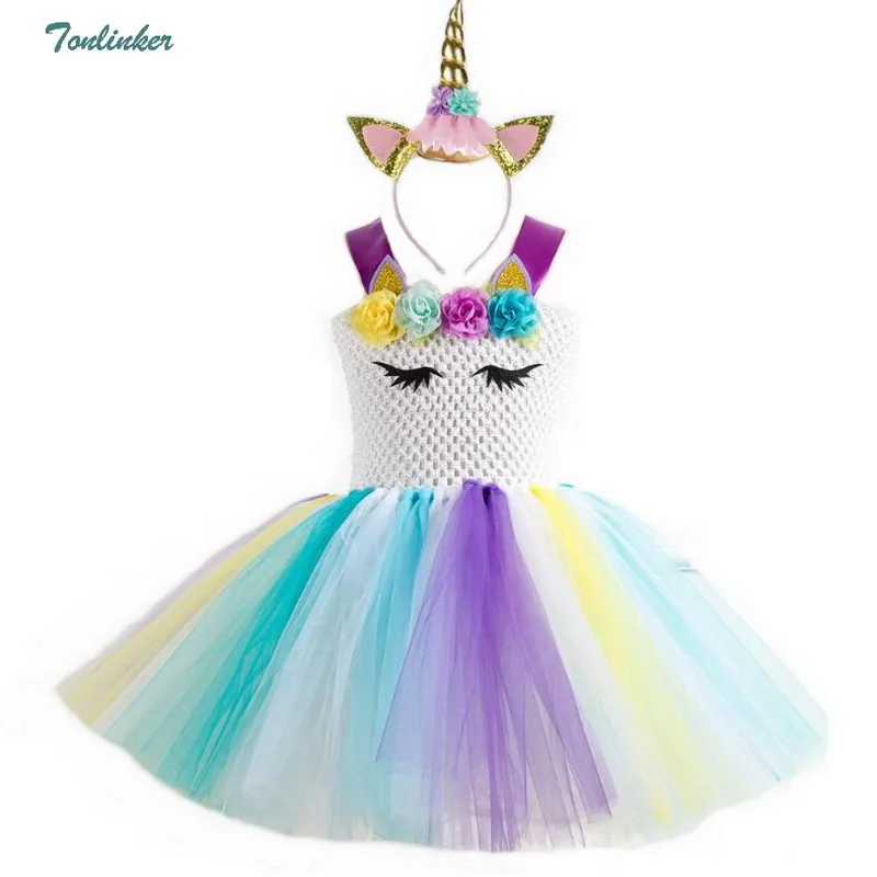 Rainbow Unicorn Pony Tutu Dress with Hair Hoop Princess Flower Girls Party Dress Children Kids Halloween Unicorn Costume 2-10Y