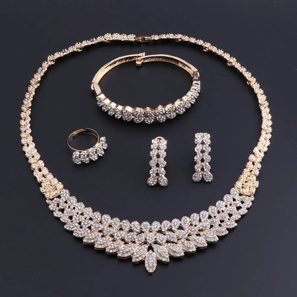 Najtaniej 2018 moda komplet biżuterii damskiej kryształowe zestawy biżuterii dla nowożeńców Party modny kostium naszyjnik kolczyki biżuteria z pudełkami