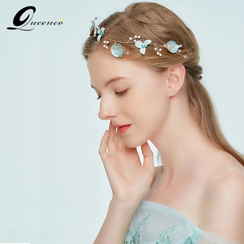 

Handmade Blue Wedding Flower Hair Vine Pearl Headbands Tiaras Noble Bridal Headdress Hair Ornament Hair Jewelry Cute Hair Band