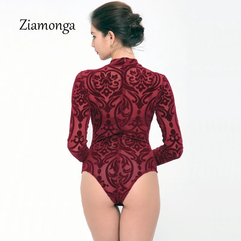 Ziamonga See Through Sexy Bodysuit Women Rompers Bodycon Jumpsuit Transparent Bodysuits Women Long Sleeve Mesh Bodysuit C2915