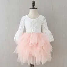 Платья с длинными рукавами для девочек, кружевное многослойное газовое длинное праздничное платье принцессы с аппликацией, детская одежда