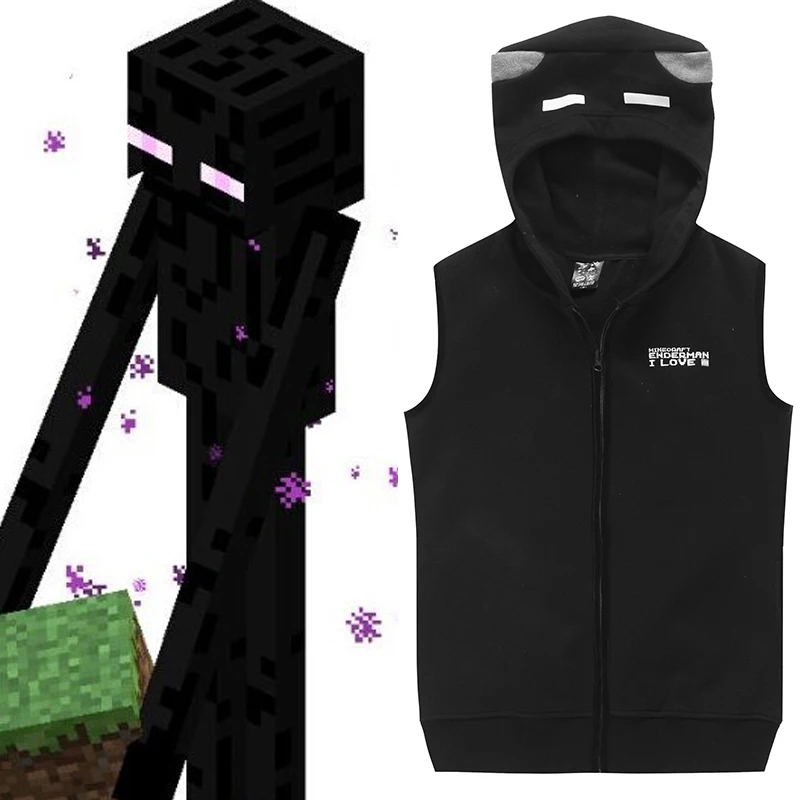 

Minecraft Cosplay Enderman Costume Cool Black Sleeveless Cotton Hooded Vest Waistcoat Coat Tops