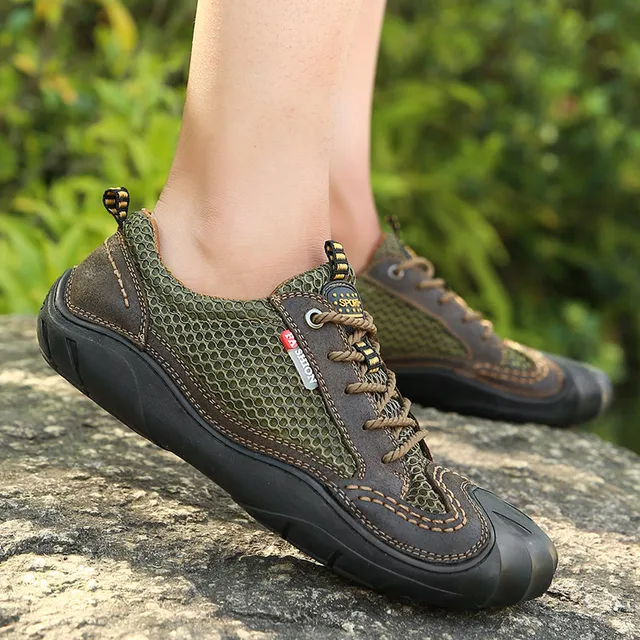 Classical Breathable Mesh Outdoor Hiking Shoes Genuine Leather Sneakers Non-Slip Trecking Climbing Shoes Flats Male Lace-up Shoe