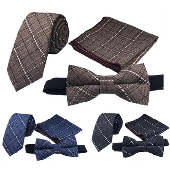 

2019 Fashion New Men's Casual Boutique Plaid Tie Bow Tie Pocket Square Scarf Three-piece Set