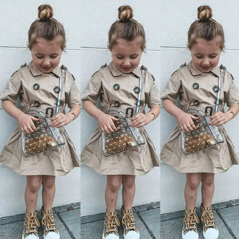 

Autumn Fashion Kid Baby Girl Short Sleeve Clothes Double Breasted Wind Coat Belt Dress Summer Belt Dress Girl Clothes
